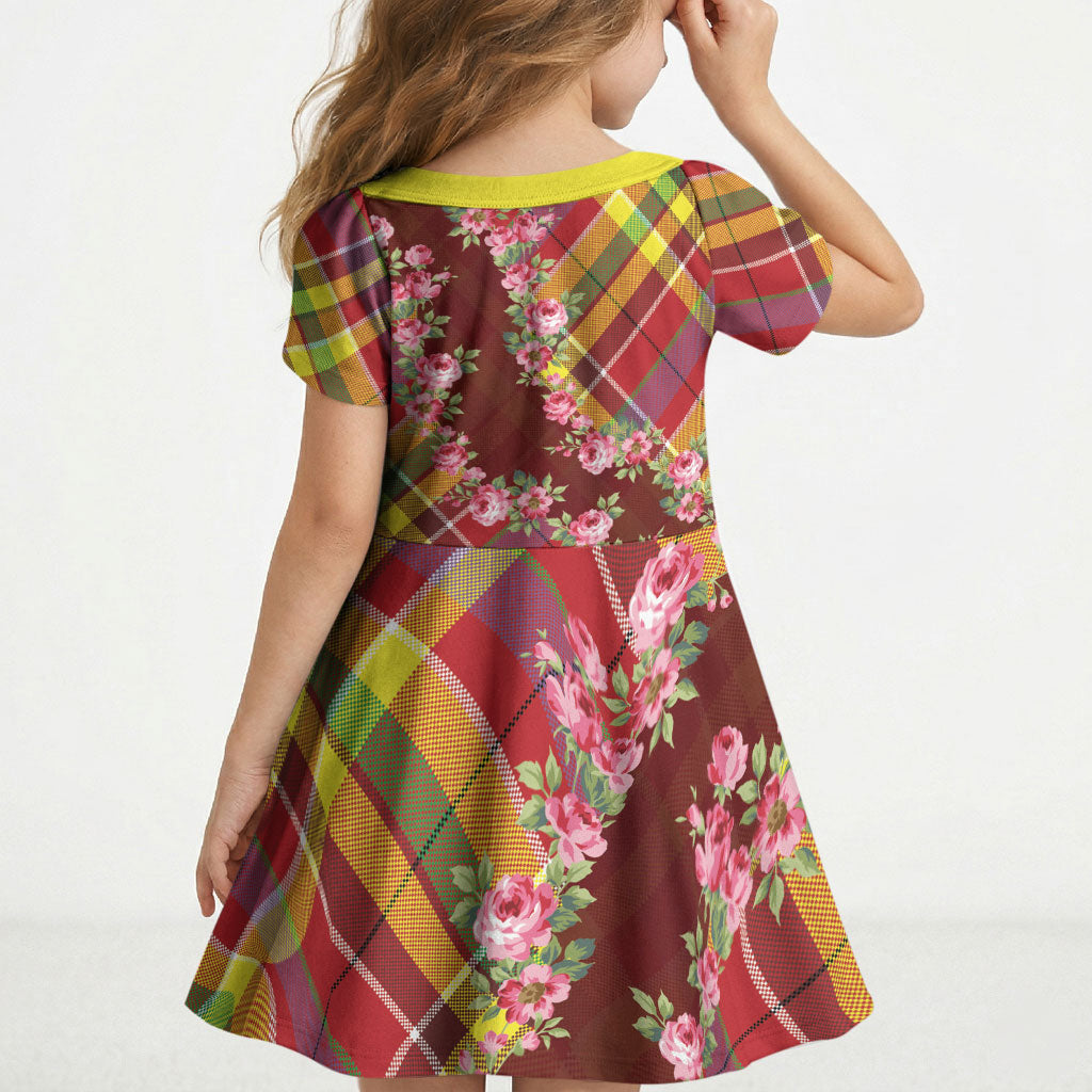 Happy Jounen Kweyol Kid Short Sleeve Dress Madras Pattern Roses Stylized