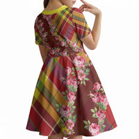 Happy Jounen Kweyol Kid Short Sleeve Dress Madras Pattern Roses Stylized