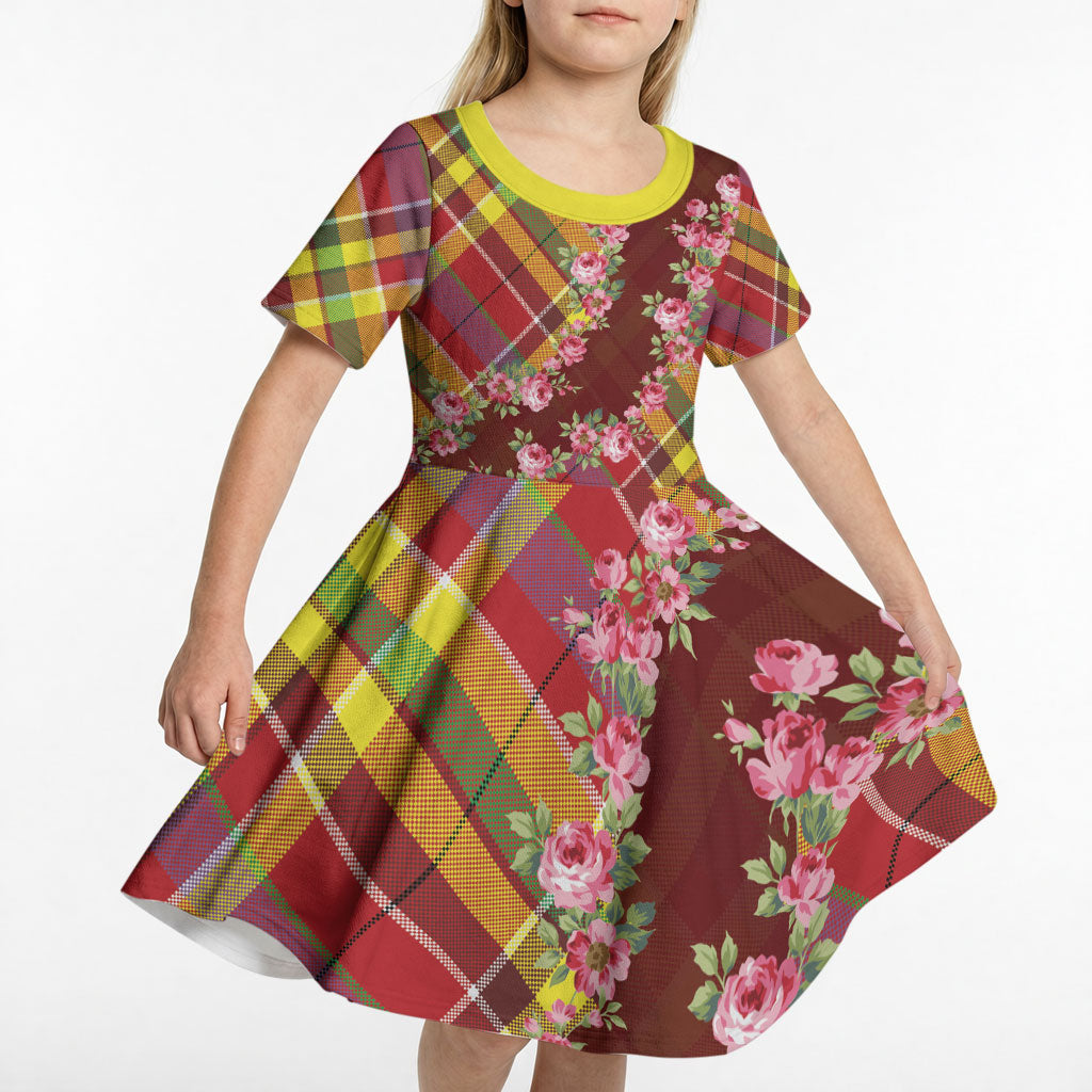 Happy Jounen Kweyol Kid Short Sleeve Dress Madras Pattern Roses Stylized