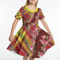 Happy Jounen Kweyol Kid Short Sleeve Dress Madras Pattern Roses Stylized