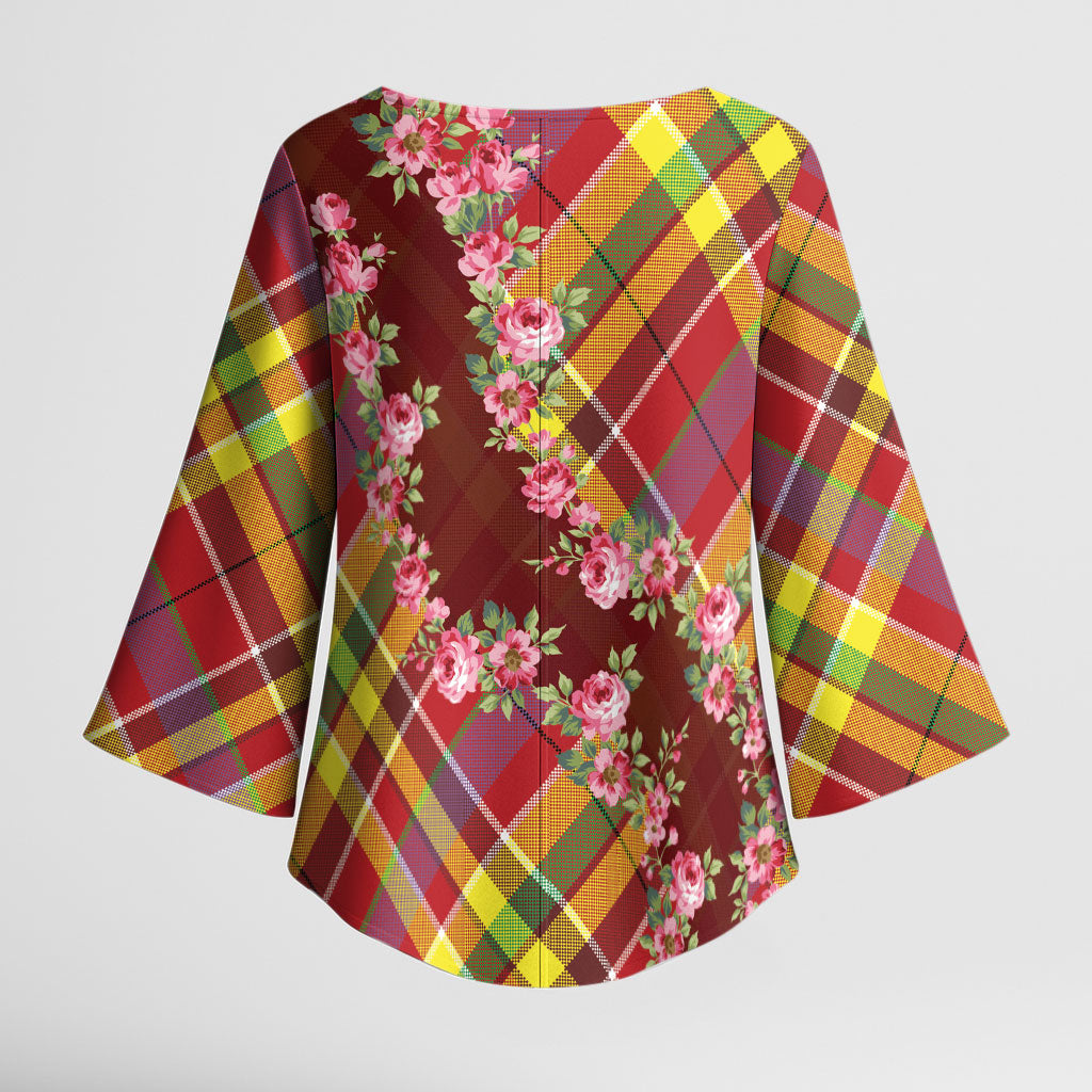 Happy Jounen Kweyol Kimono Sleeve Blouse Madras Pattern Roses Stylized