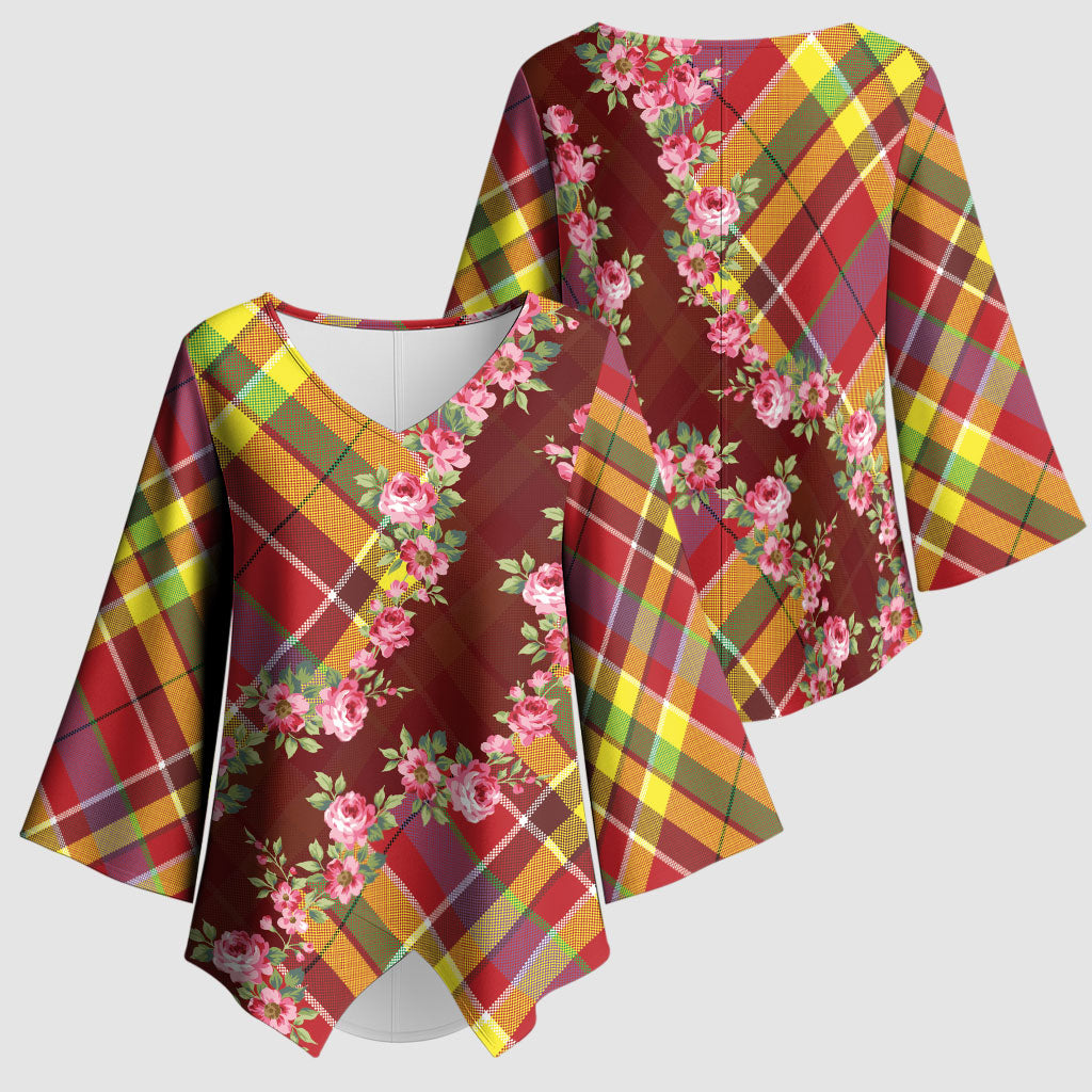 Happy Jounen Kweyol Kimono Sleeve Blouse Madras Pattern Roses Stylized
