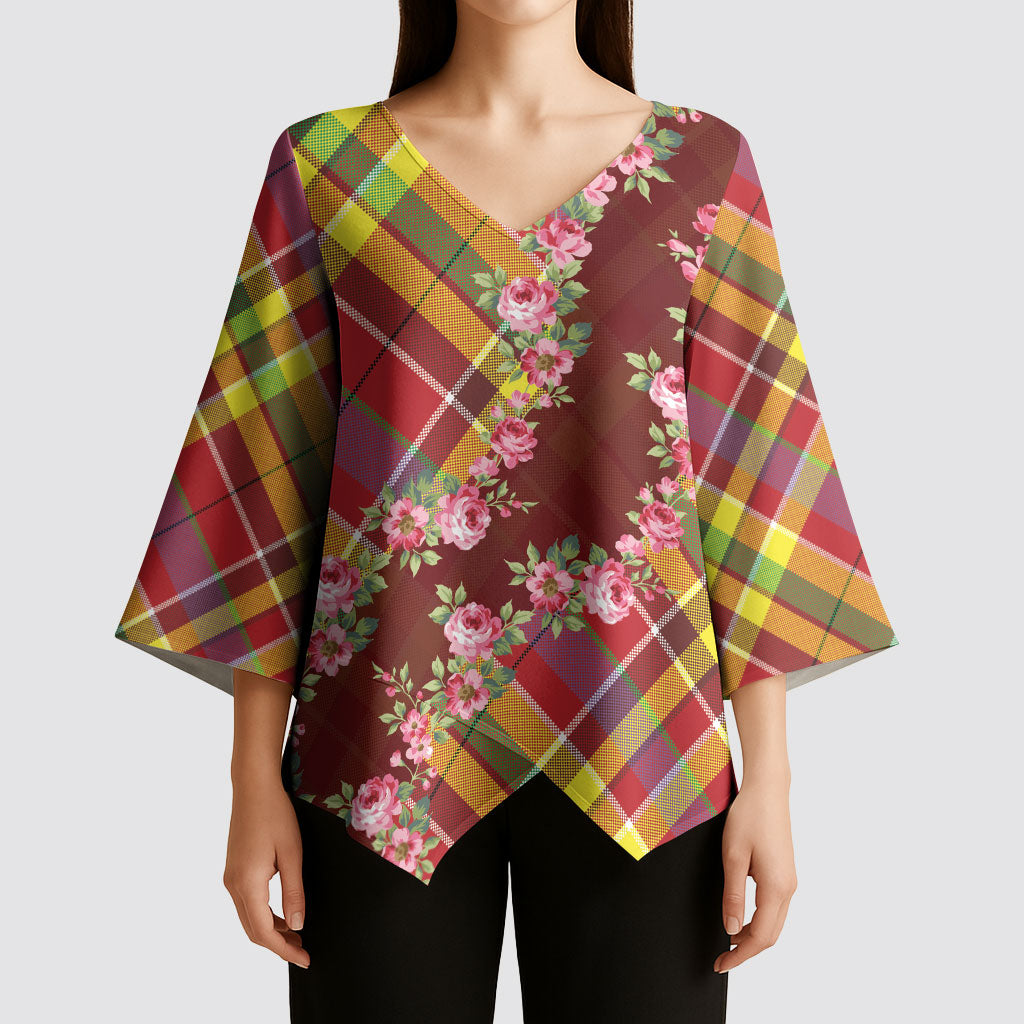 Happy Jounen Kweyol Kimono Sleeve Blouse Madras Pattern Roses Stylized