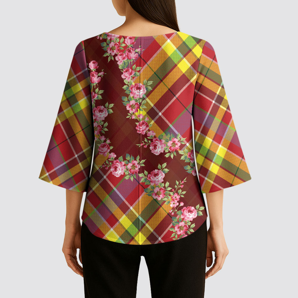 Happy Jounen Kweyol Kimono Sleeve Blouse Madras Pattern Roses Stylized