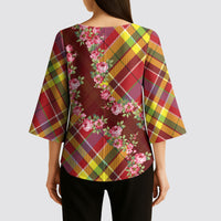 Happy Jounen Kweyol Kimono Sleeve Blouse Madras Pattern Roses Stylized