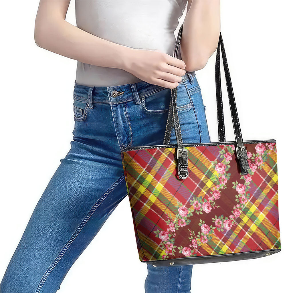 Happy Jounen Kweyol Leather Tote Bag Madras Pattern Roses Stylized