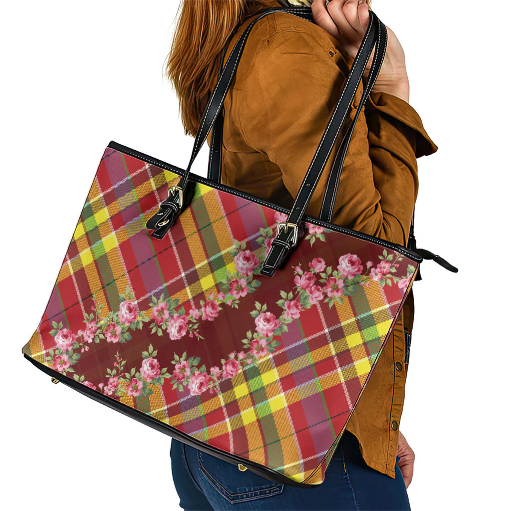 Happy Jounen Kweyol Leather Tote Bag Madras Pattern Roses Stylized