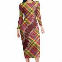 Happy Jounen Kweyol Long Sleeve Bodycon Dress Madras Pattern Roses Stylized