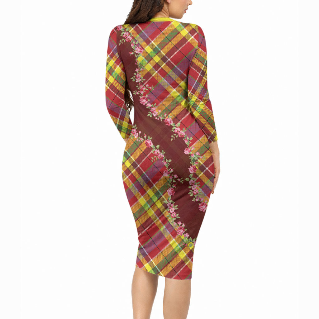 Happy Jounen Kweyol Long Sleeve Bodycon Dress Madras Pattern Roses Stylized
