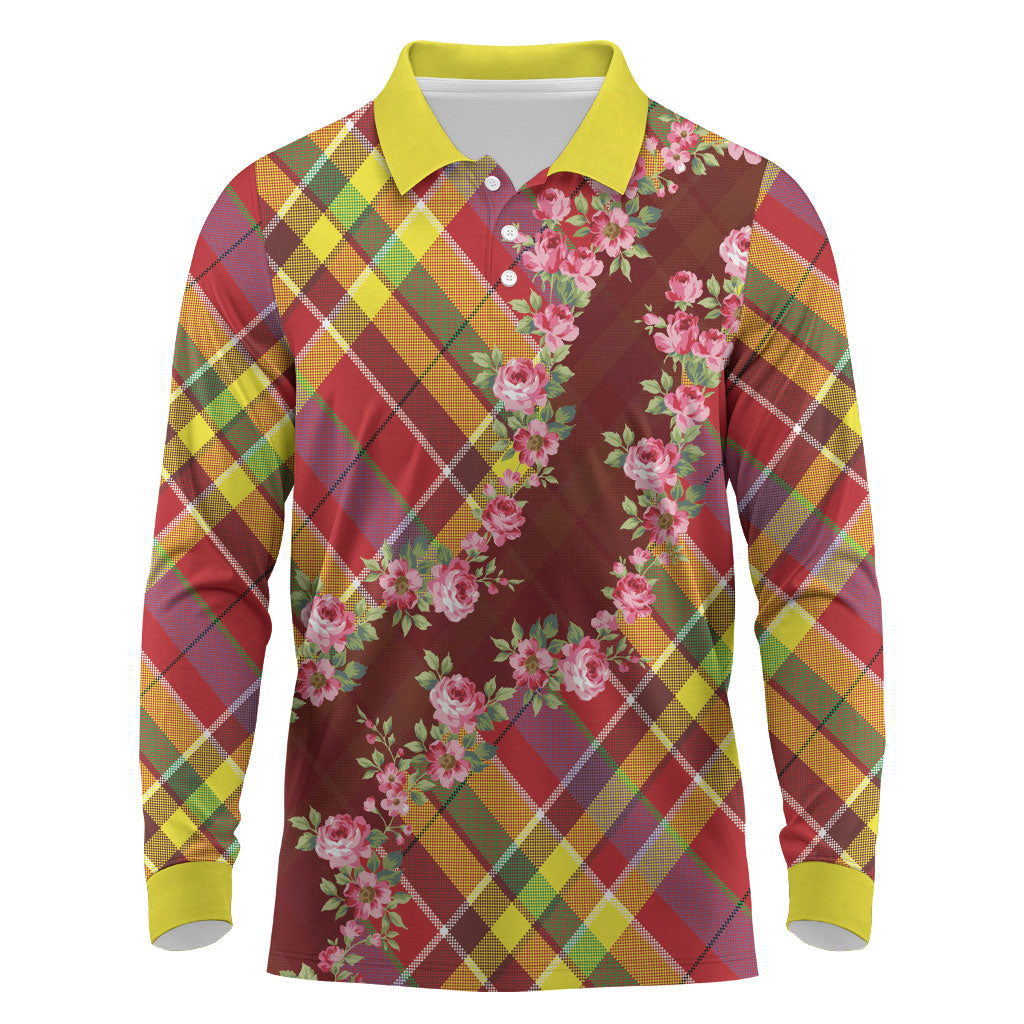 Happy Jounen Kweyol Long Sleeve Polo Shirt Madras Pattern Roses Stylized