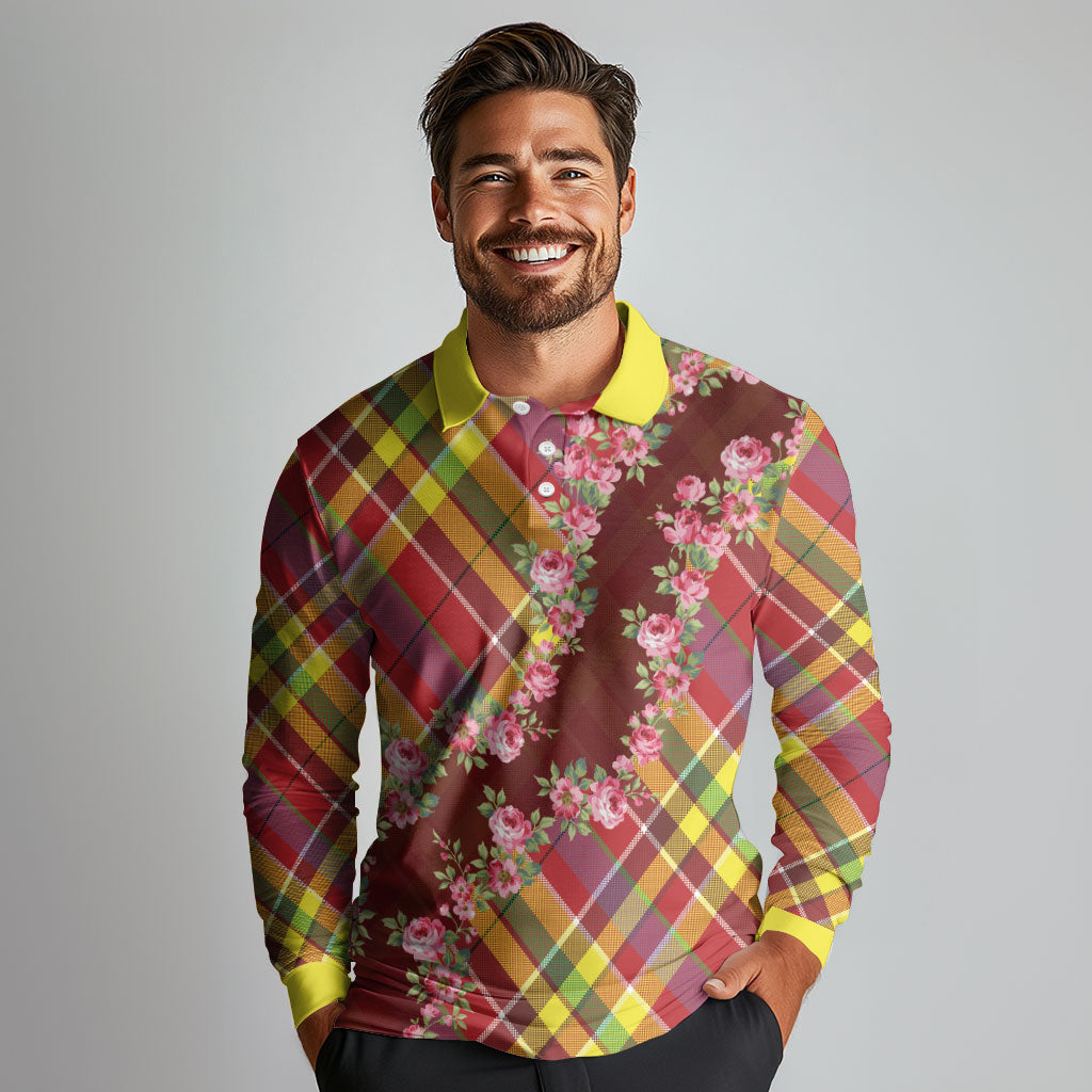 Happy Jounen Kweyol Long Sleeve Polo Shirt Madras Pattern Roses Stylized