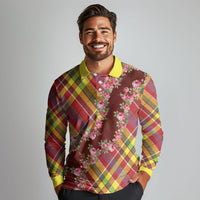 Happy Jounen Kweyol Long Sleeve Polo Shirt Madras Pattern Roses Stylized