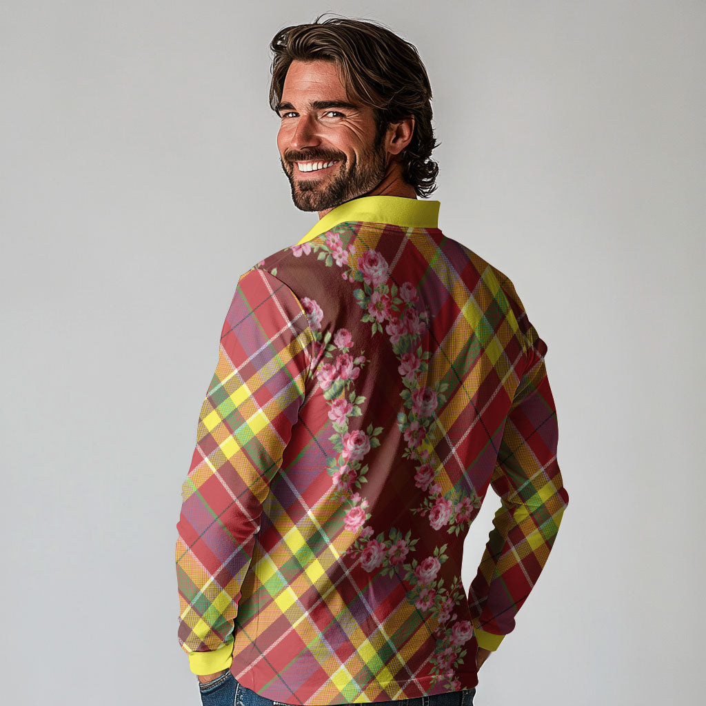 Happy Jounen Kweyol Long Sleeve Polo Shirt Madras Pattern Roses Stylized