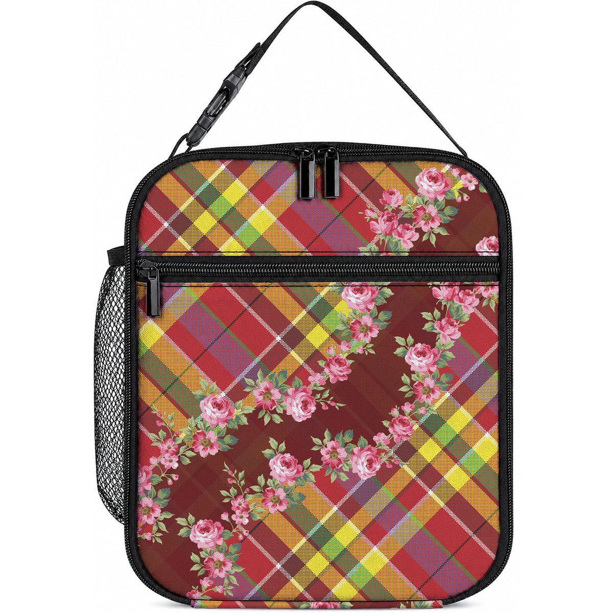 Happy Jounen Kweyol Lunch Bag Madras Pattern Roses Stylized