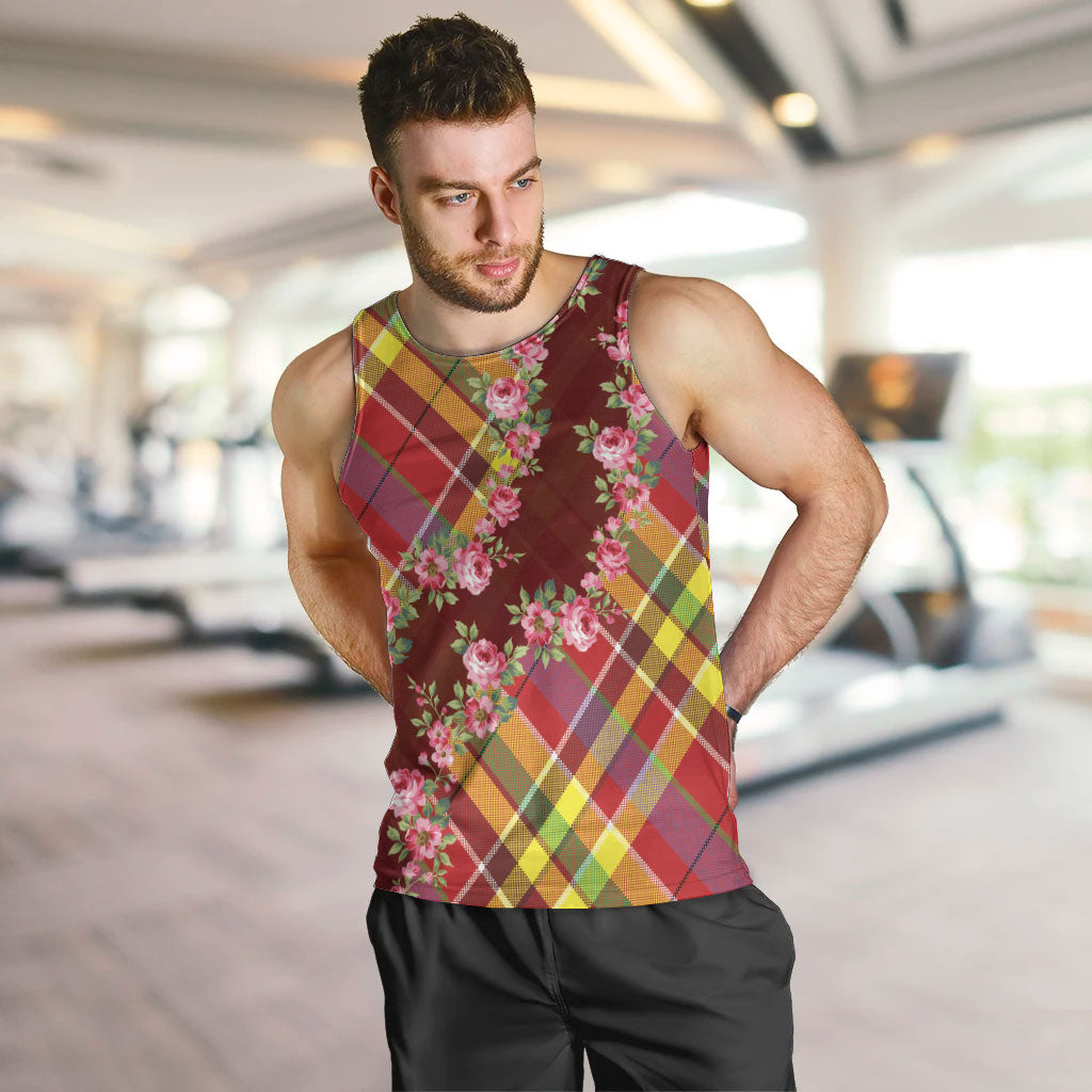 Happy Jounen Kweyol Men Tank Top Madras Pattern Roses Stylized