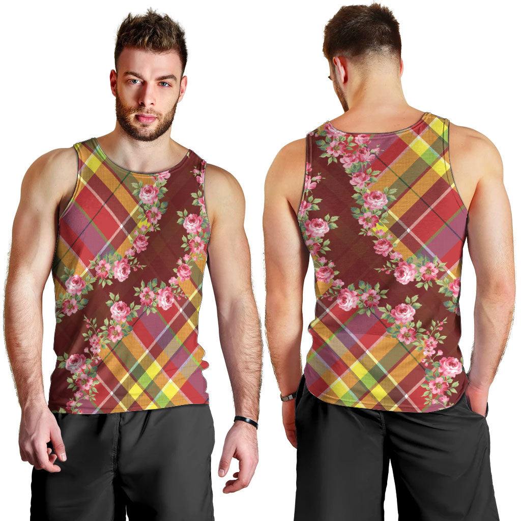 Happy Jounen Kweyol Men Tank Top Madras Pattern Roses Stylized