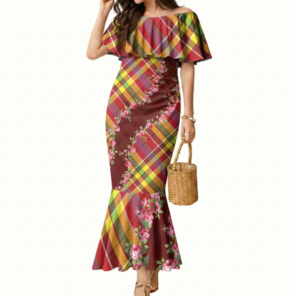 Happy Jounen Kweyol Mermaid Dress Madras Pattern Roses Stylized