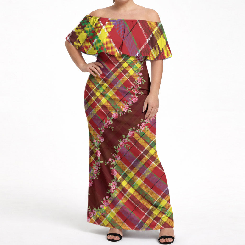 Happy Jounen Kweyol Off Shoulder Maxi Dress Madras Pattern Roses Stylized