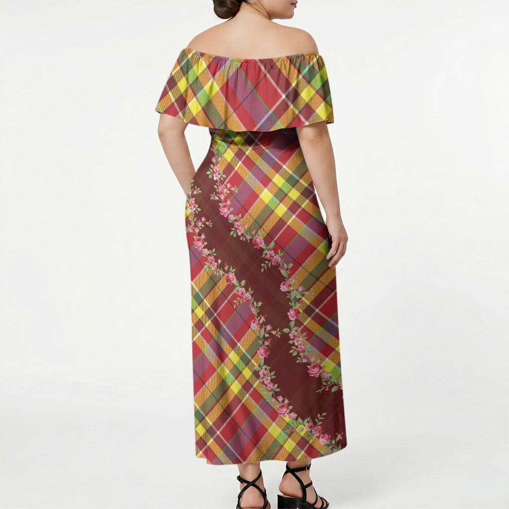 Happy Jounen Kweyol Off Shoulder Maxi Dress Madras Pattern Roses Stylized