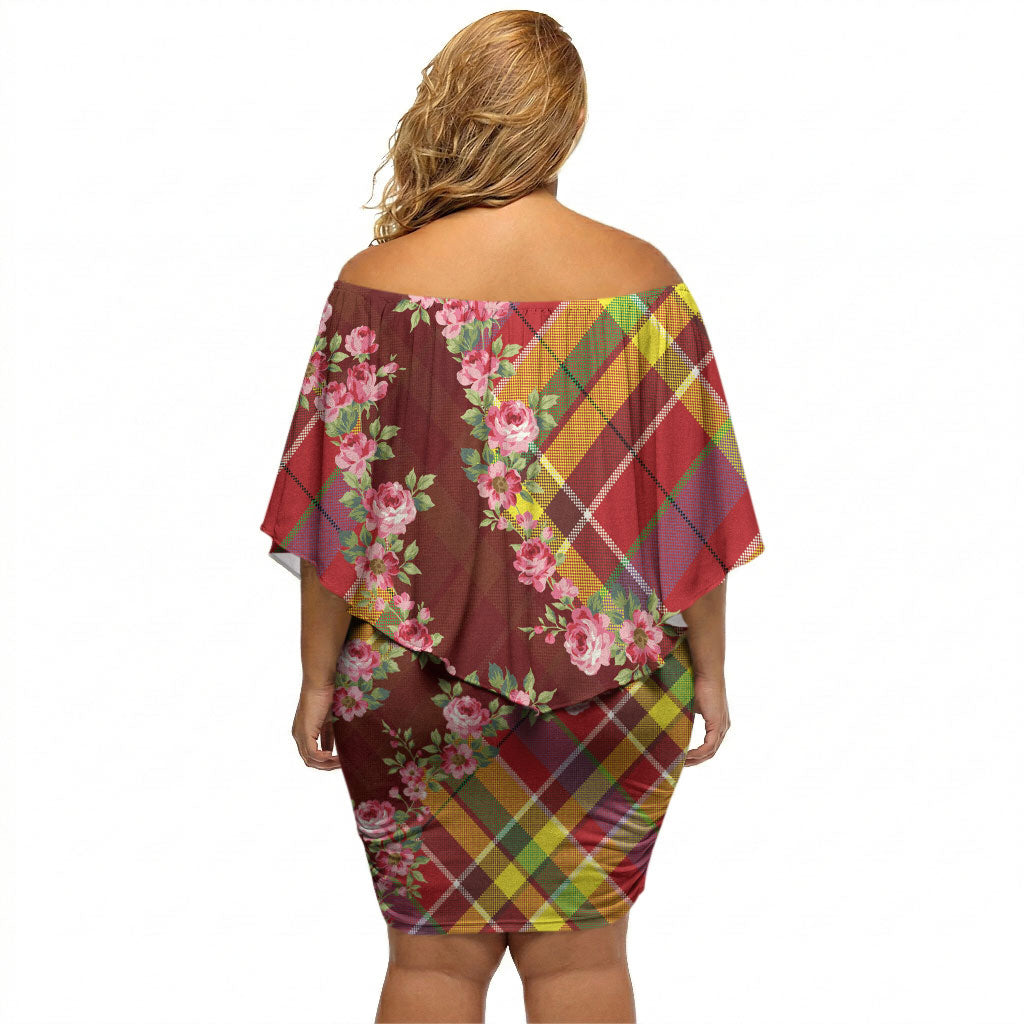 Happy Jounen Kweyol Off Shoulder Short Dress Madras Pattern Roses Stylized