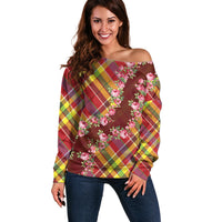 Happy Jounen Kweyol Off Shoulder Sweater Madras Pattern Roses Stylized