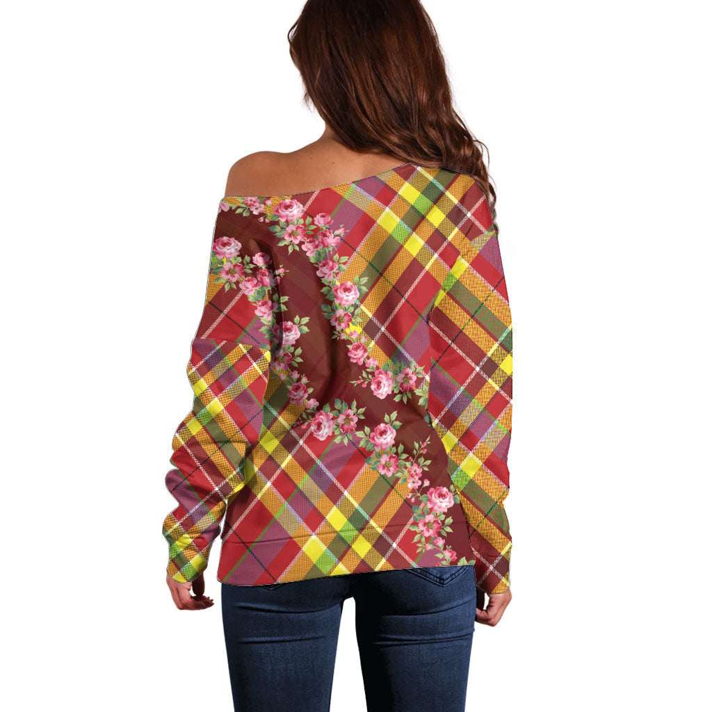 Happy Jounen Kweyol Off Shoulder Sweater Madras Pattern Roses Stylized
