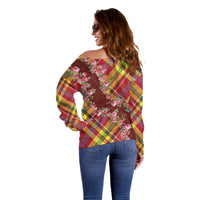Happy Jounen Kweyol Off Shoulder Sweater Madras Pattern Roses Stylized