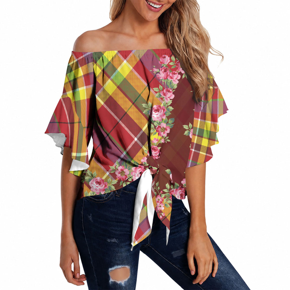 Happy Jounen Kweyol Off Shoulder Wrap Waist Top Madras Pattern Roses Stylized
