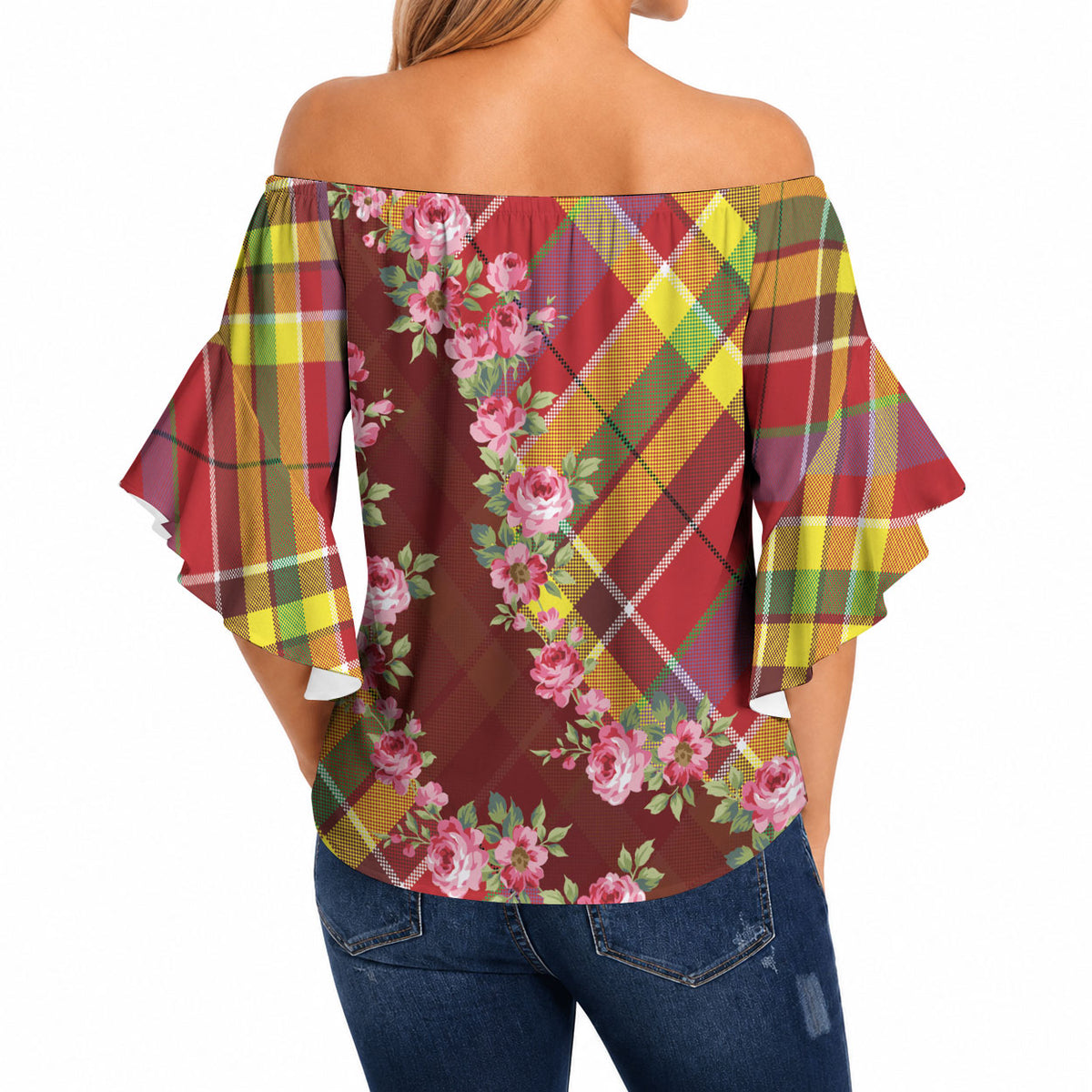 Happy Jounen Kweyol Off Shoulder Wrap Waist Top Madras Pattern Roses Stylized