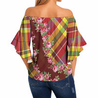 Happy Jounen Kweyol Off Shoulder Wrap Waist Top Madras Pattern Roses Stylized
