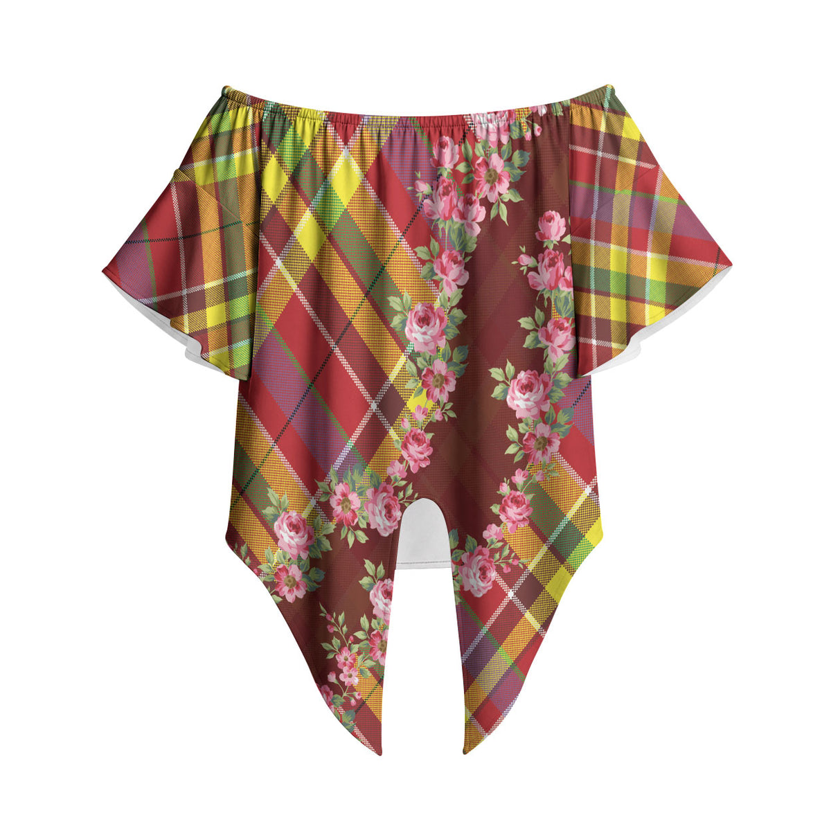 Happy Jounen Kweyol Off Shoulder Wrap Waist Top Madras Pattern Roses Stylized