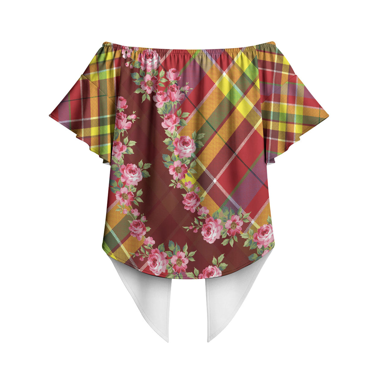 Happy Jounen Kweyol Off Shoulder Wrap Waist Top Madras Pattern Roses Stylized