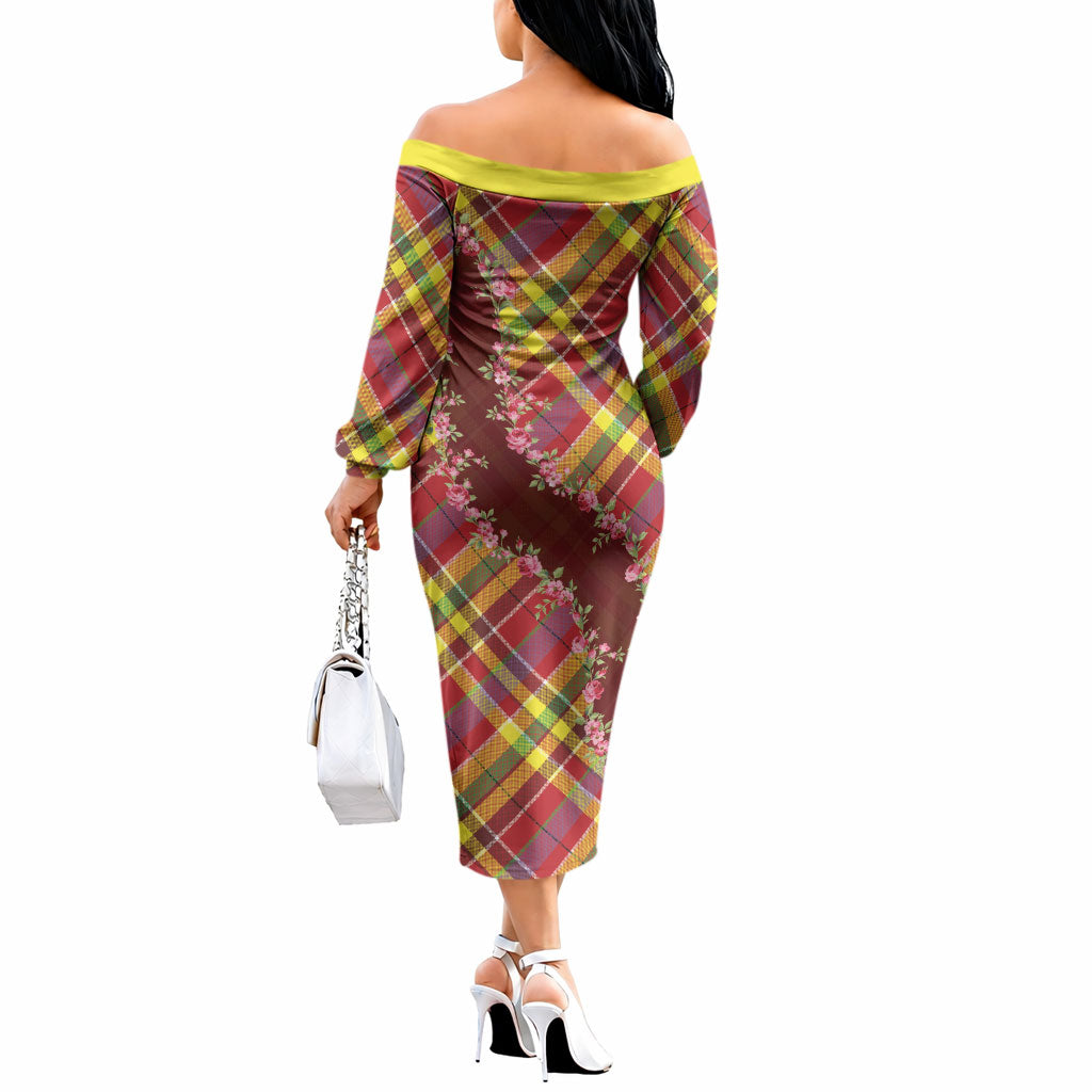 Happy Jounen Kweyol Off The Shoulder Long Sleeve Dress Madras Pattern Roses Stylized