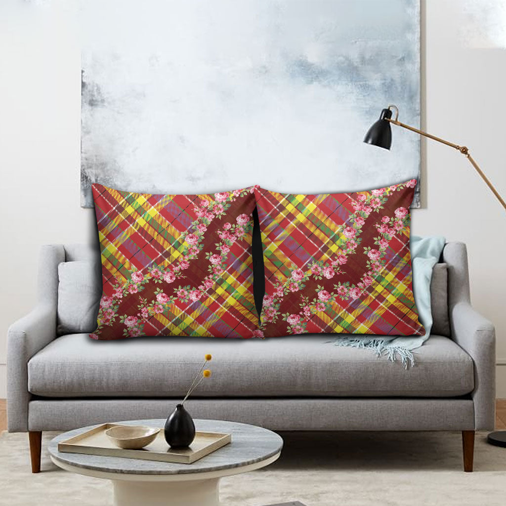 Happy Jounen Kweyol Pillow Cover Madras Pattern Roses Stylized
