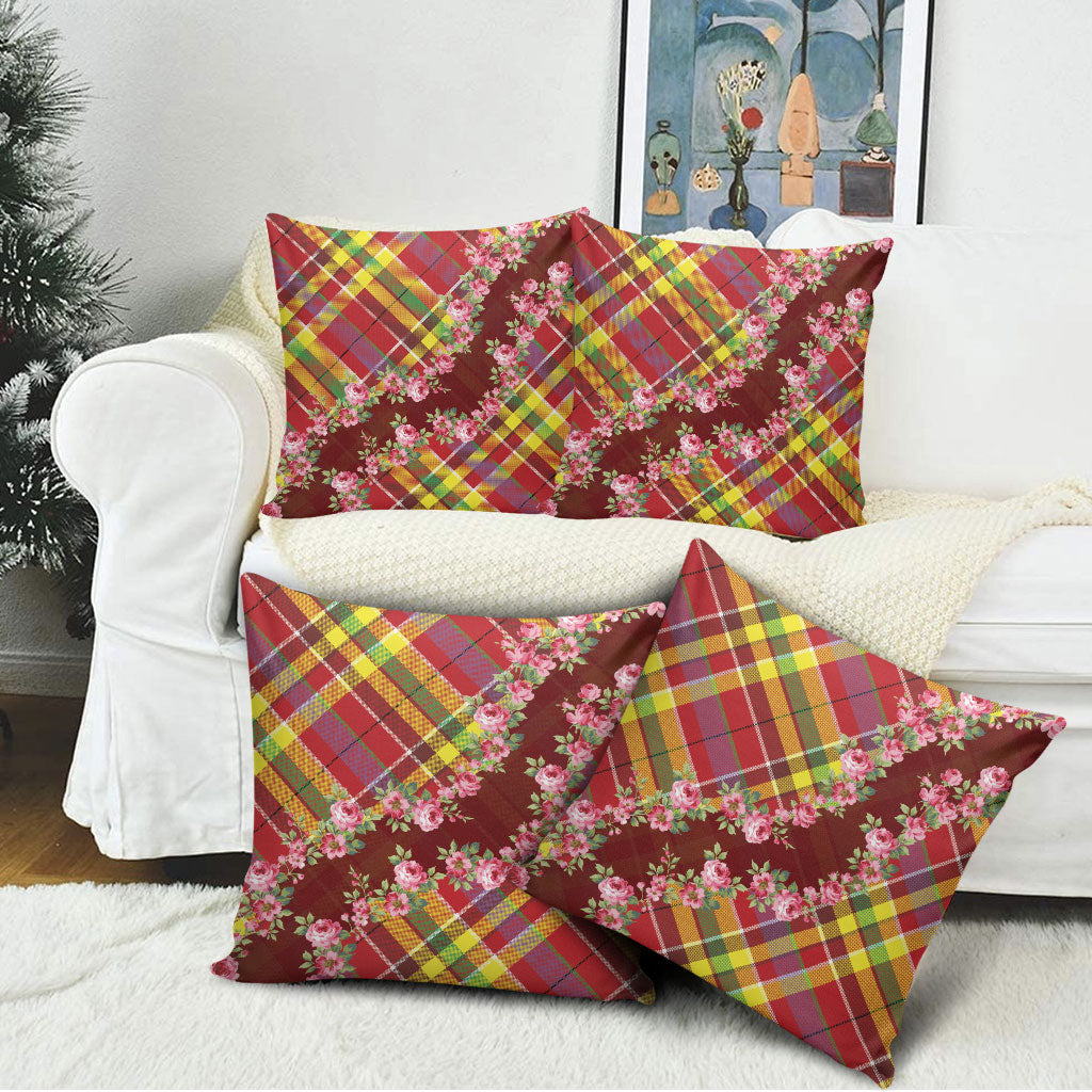 Happy Jounen Kweyol Pillow Cover Madras Pattern Roses Stylized