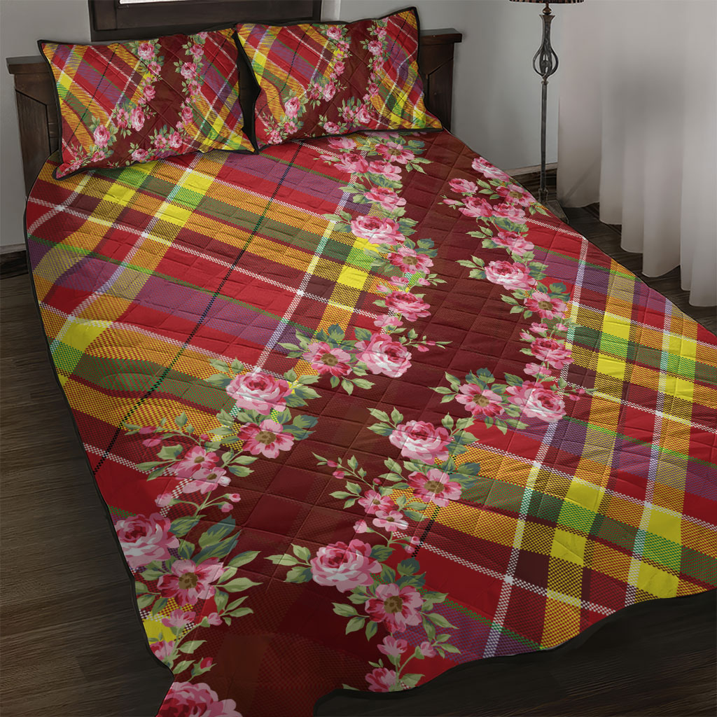 Happy Jounen Kweyol Quilt Bed Set Madras Pattern Roses Stylized