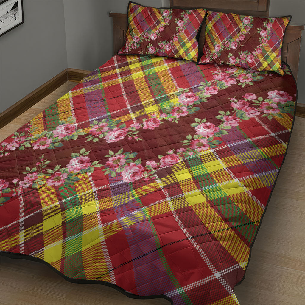 Happy Jounen Kweyol Quilt Bed Set Madras Pattern Roses Stylized