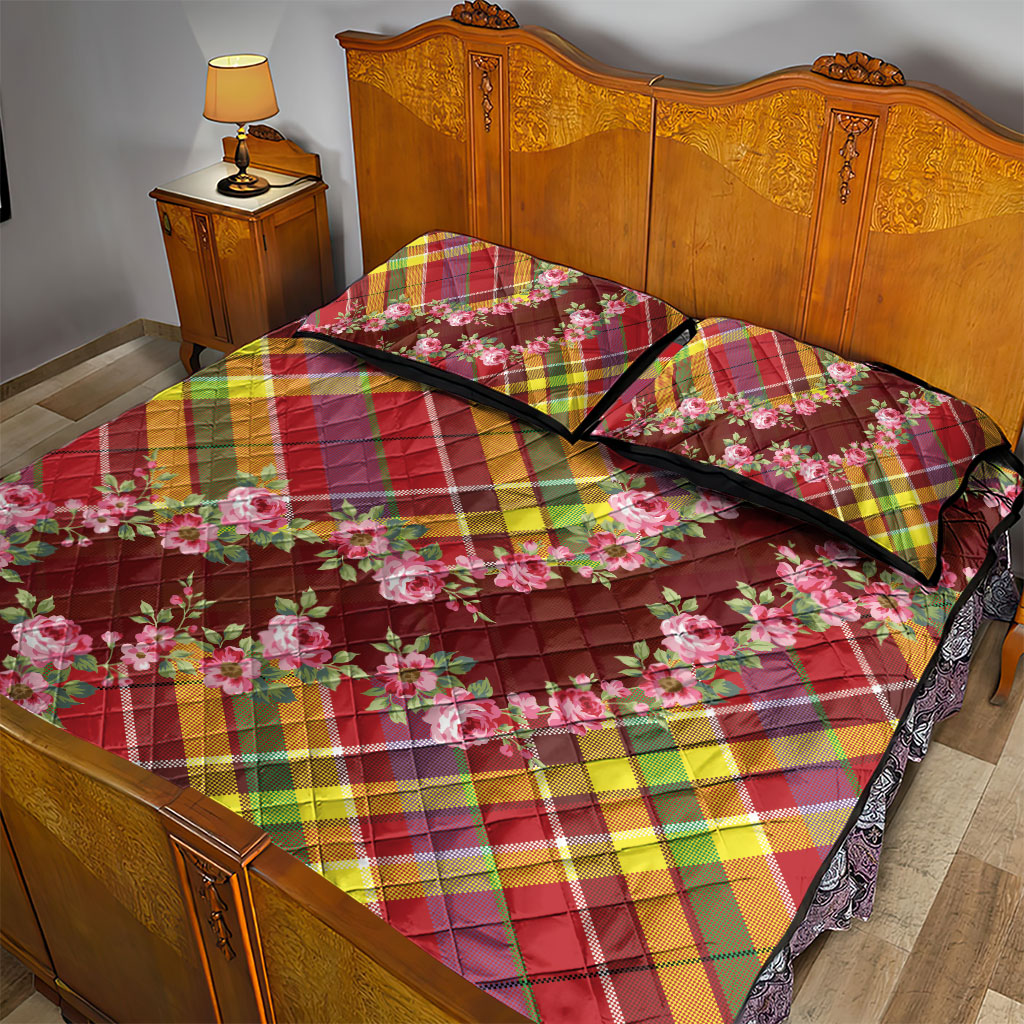 Happy Jounen Kweyol Quilt Bed Set Madras Pattern Roses Stylized