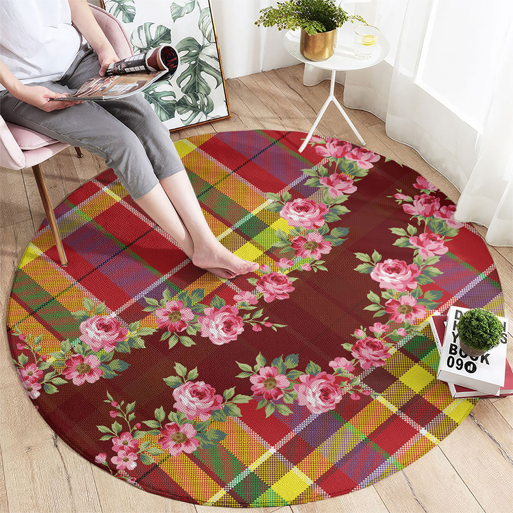 Happy Jounen Kweyol Round Carpet Madras Pattern Roses Stylized