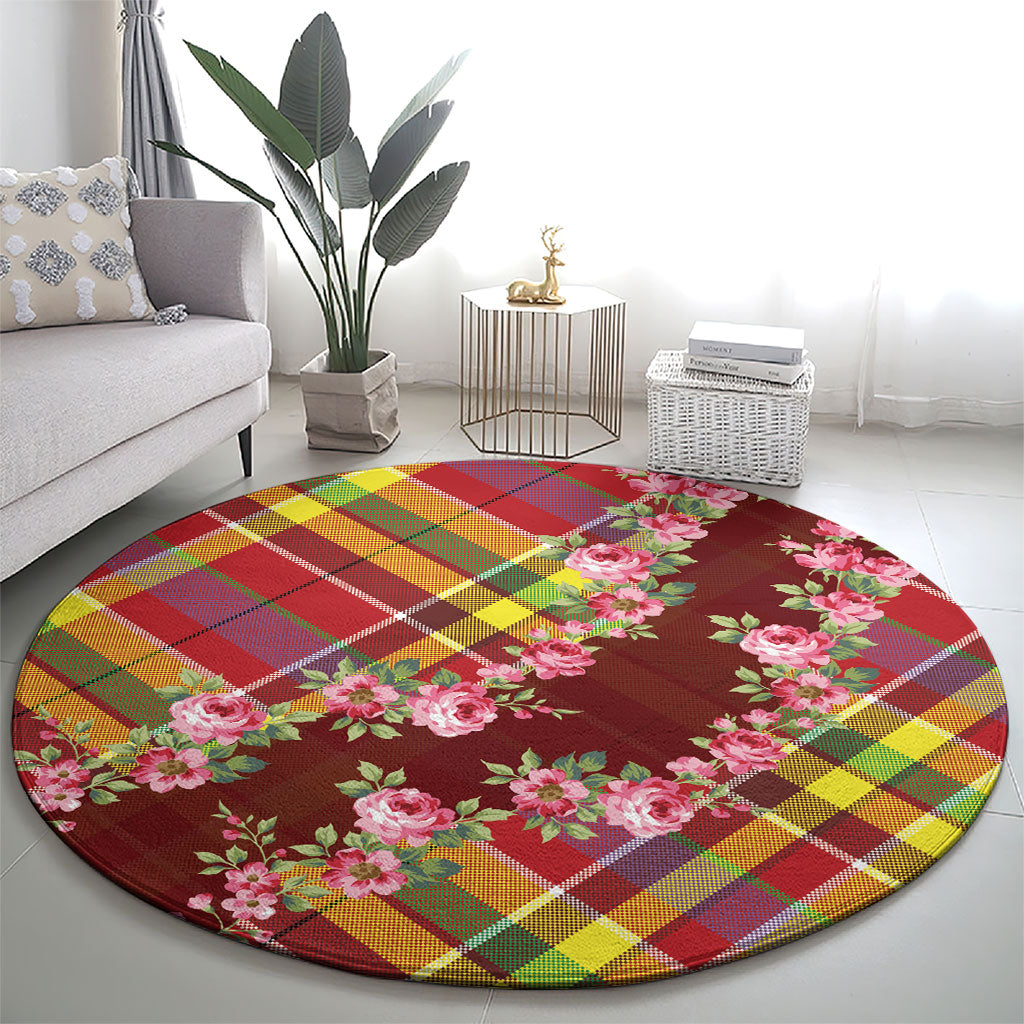 Happy Jounen Kweyol Round Carpet Madras Pattern Roses Stylized