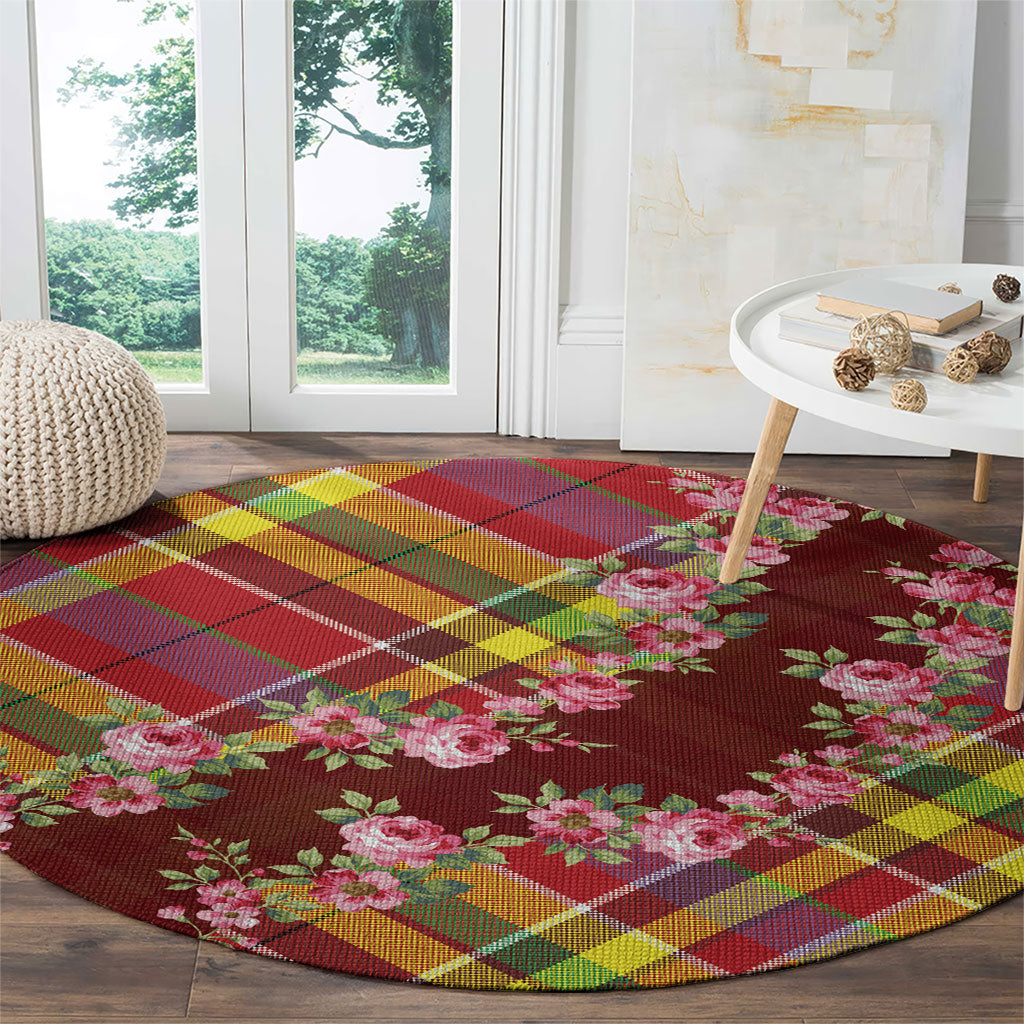 Happy Jounen Kweyol Round Carpet Madras Pattern Roses Stylized