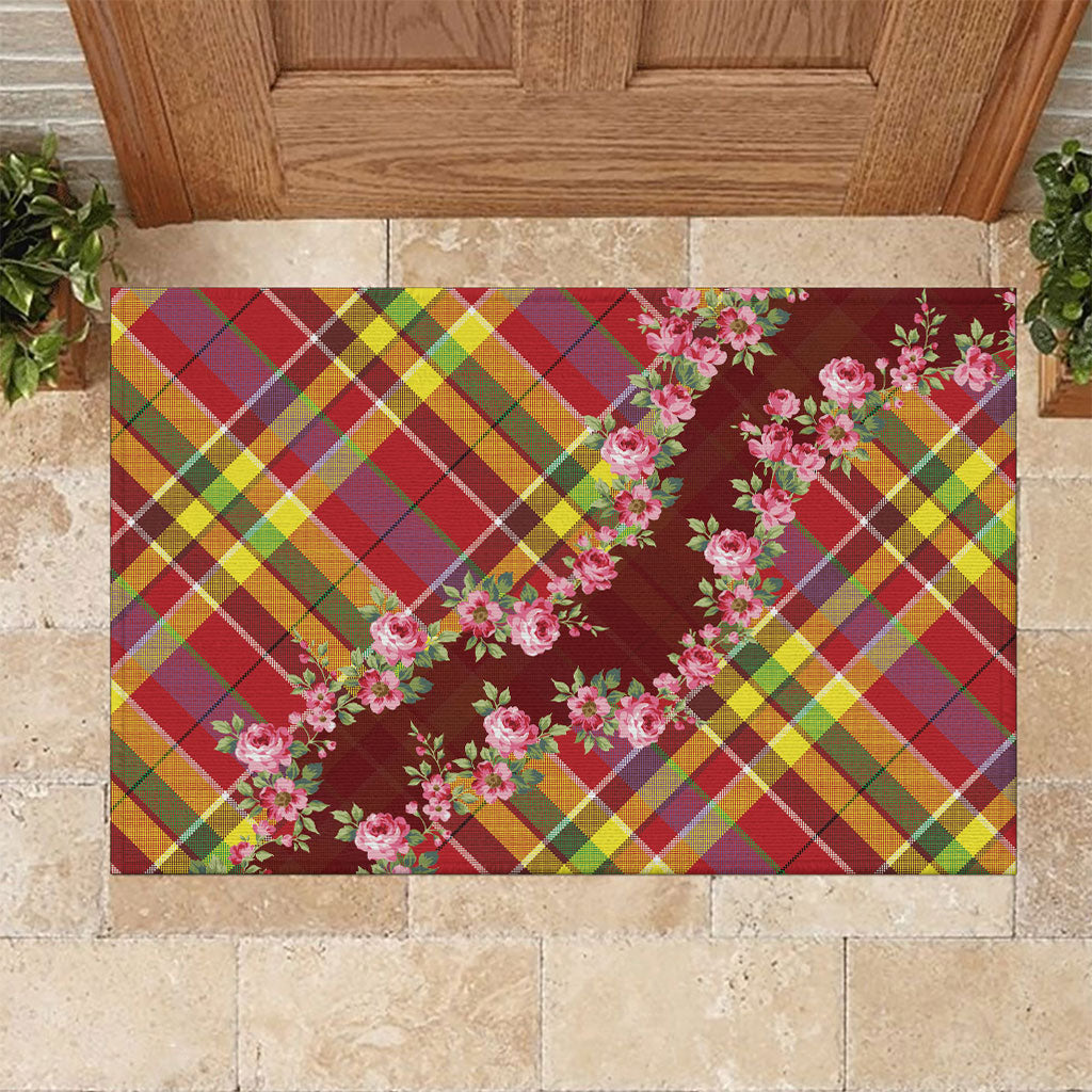 Happy Jounen Kweyol Rubber Doormat Madras Pattern Roses Stylized