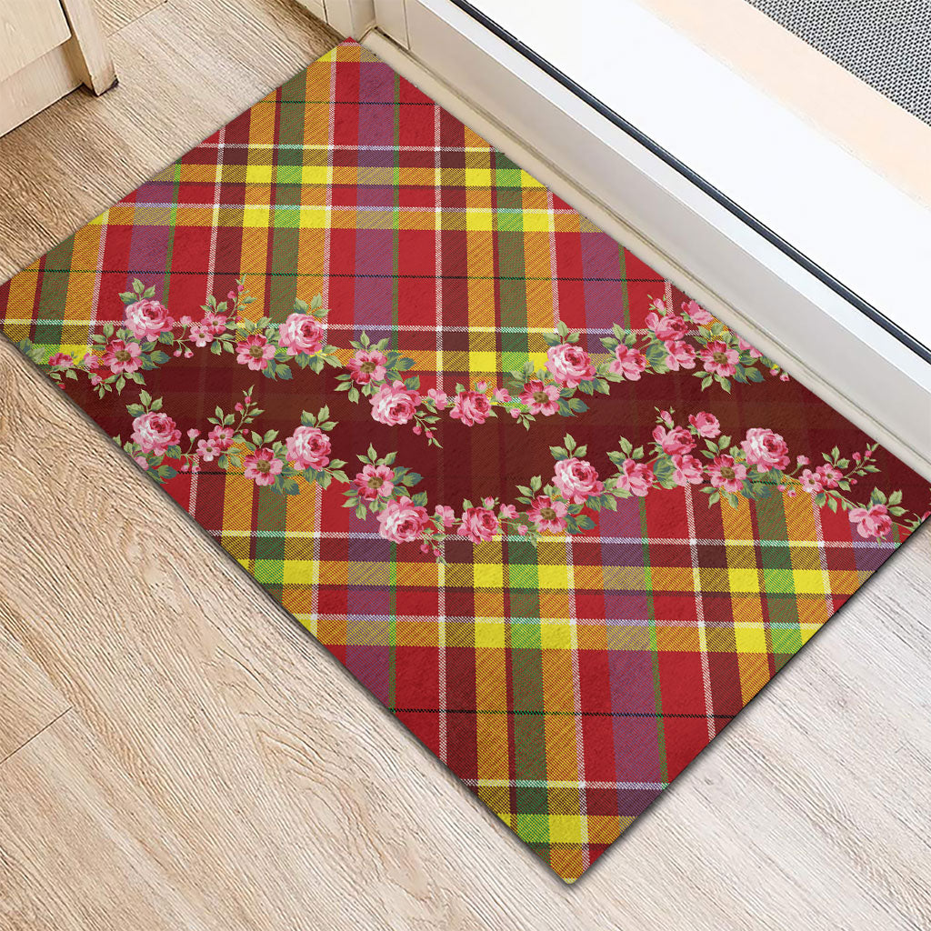 Happy Jounen Kweyol Rubber Doormat Madras Pattern Roses Stylized
