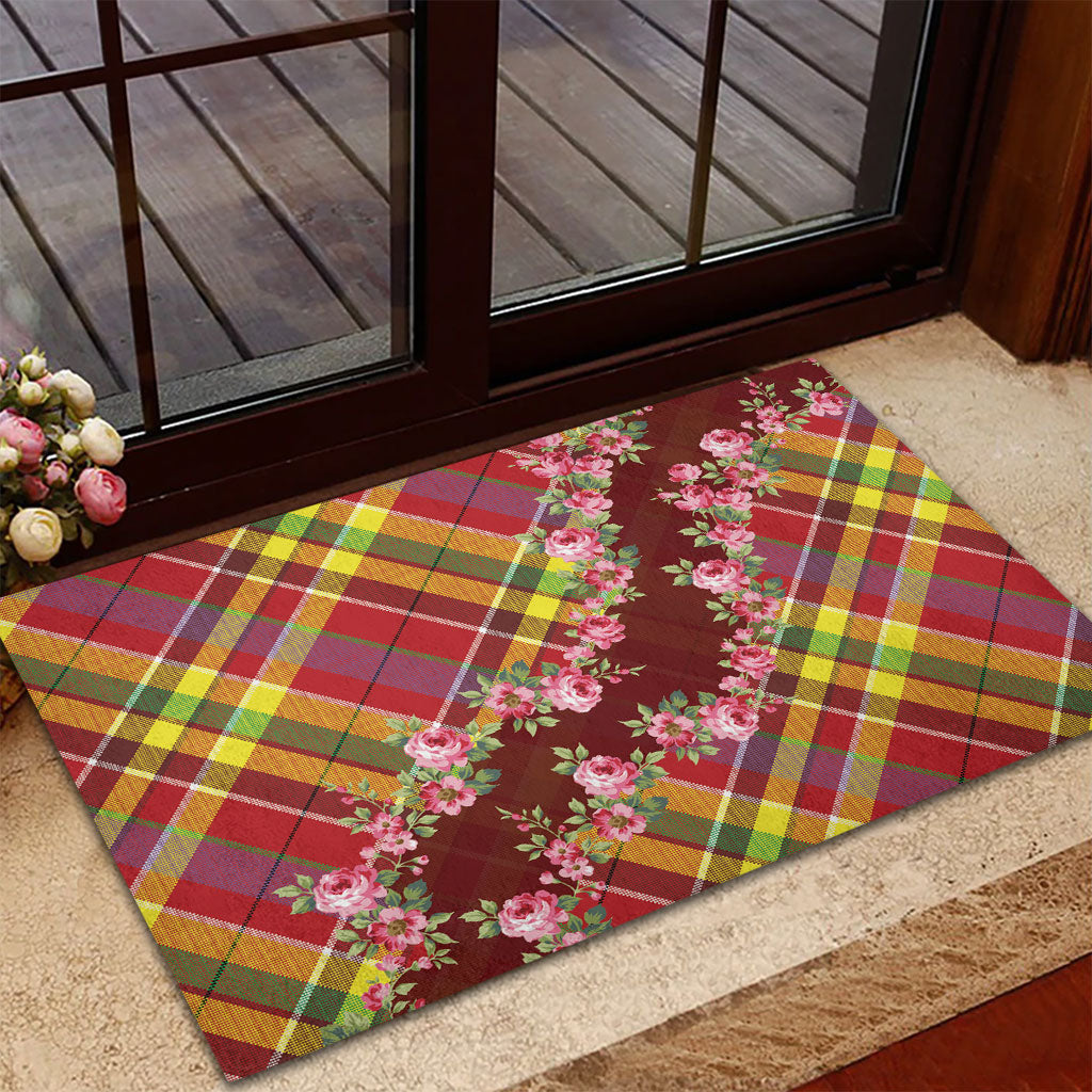 Happy Jounen Kweyol Rubber Doormat Madras Pattern Roses Stylized