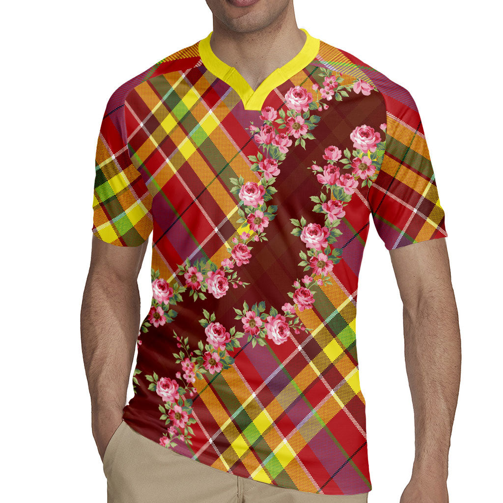 Happy Jounen Kweyol Rugby Jersey Madras Pattern Roses Stylized