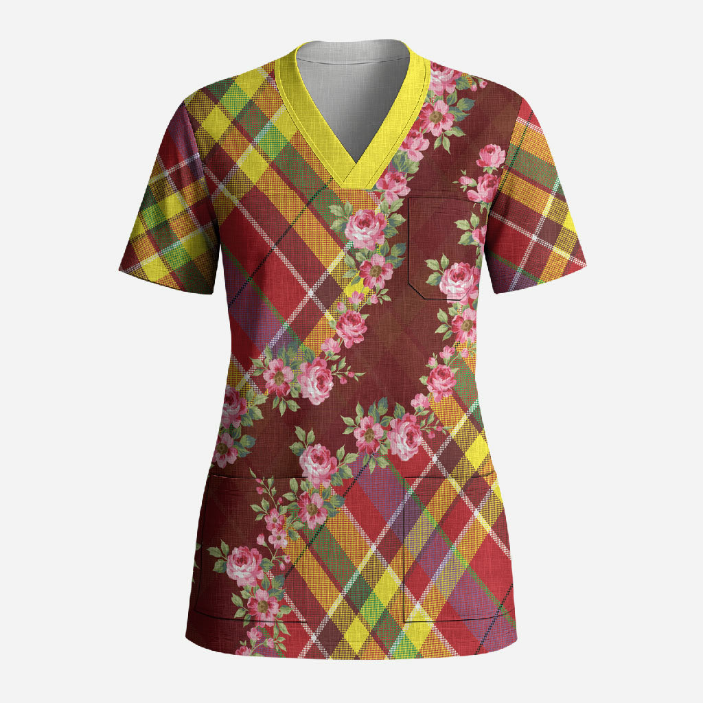 Happy Jounen Kweyol Scrub Top Madras Pattern Roses Stylized