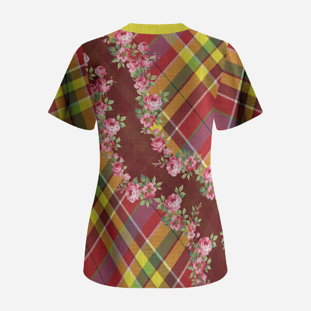 Happy Jounen Kweyol Scrub Top Madras Pattern Roses Stylized