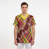 Happy Jounen Kweyol Scrub Top Madras Pattern Roses Stylized