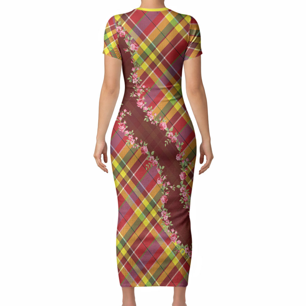 Happy Jounen Kweyol Short Sleeve Bodycon Dress Madras Pattern Roses Stylized