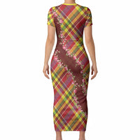 Happy Jounen Kweyol Short Sleeve Bodycon Dress Madras Pattern Roses Stylized